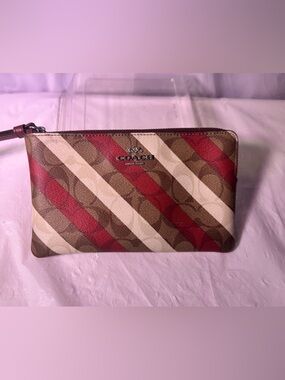 Coach Diagonal Stripe Signature Wristlet - Red, Brown, Cream